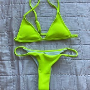 neon rib-knit triangle tanga bikini swimsuit